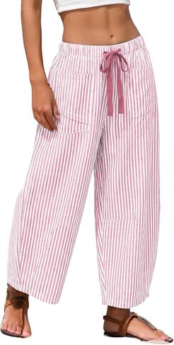 Linen Barrel Pants Women 2026 Summer Striped Drawstring Wide Leg Trousers Beach Lounge Capri Pant with Pockets in Kuwait
