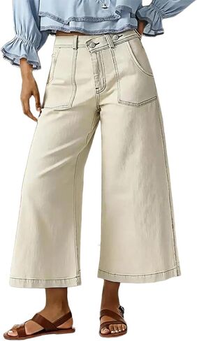 Flamingals Mid Rise Wide Leg Crop Pants for Women Crossover Waist Contrast Stitch Casual Cropped Pants in Kuwait
