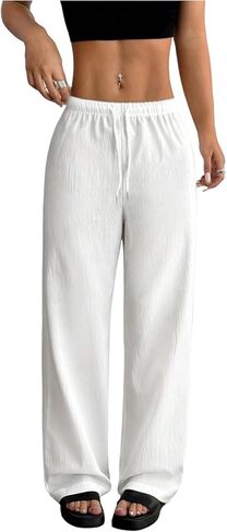 Milumia Women Straight Leg Pants Drawstring Elastic Waist Casual Long Pants Beach Vacation Clothes in Kuwait