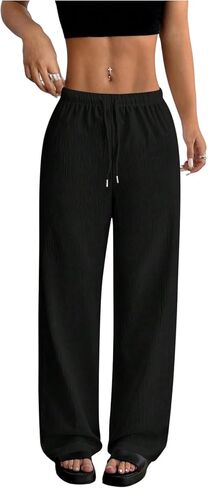 Milumia Women Straight Leg Pants Drawstring Elastic Waist Casual Long Pants Beach Vacation Clothes in Kuwait