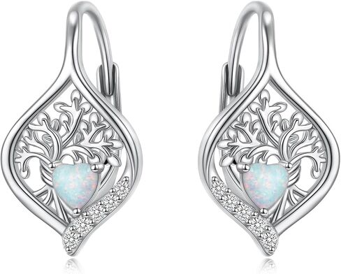 Tree of Life Opal Earrings Sterling Silver Leverback Earrings for Women 925 Silver Heart Shaped Opal Dangle Drop Hoop Earrings Jewelry Gift in Kuwait