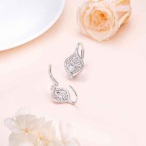 Tree of Life Opal Earrings Sterling Silver Leverback Earrings for Women 925 Silver Heart Shaped Opal Dangle Drop Hoop Earrings Jewelry Gift in Kuwait