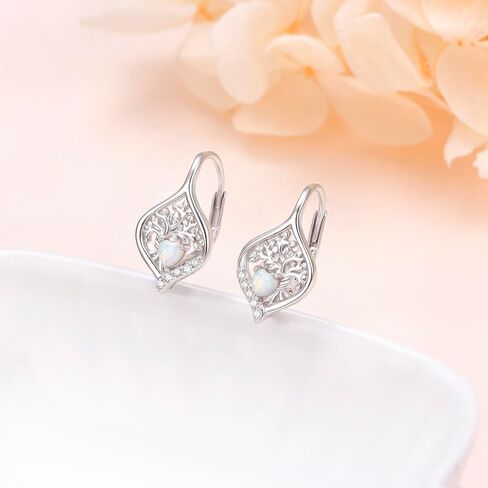 Tree of Life Opal Earrings Sterling Silver Leverback Earrings for Women 925 Silver Heart Shaped Opal Dangle Drop Hoop Earrings Jewelry Gift in Kuwait