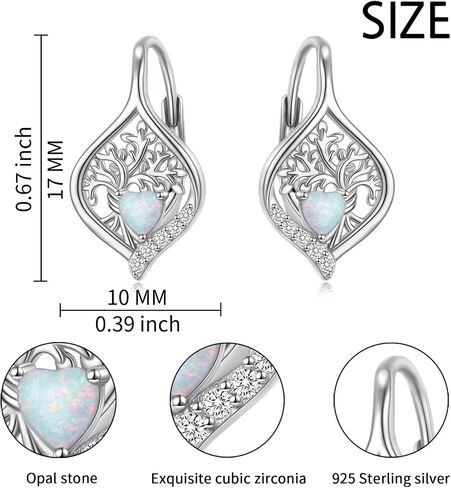 Tree of Life Opal Earrings Sterling Silver Leverback Earrings for Women 925 Silver Heart Shaped Opal Dangle Drop Hoop Earrings Jewelry Gift in Kuwait