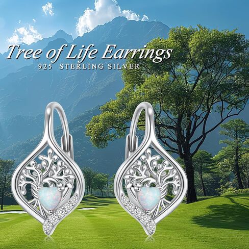 Tree of Life Opal Earrings Sterling Silver Leverback Earrings for Women 925 Silver Heart Shaped Opal Dangle Drop Hoop Earrings Jewelry Gift in Kuwait