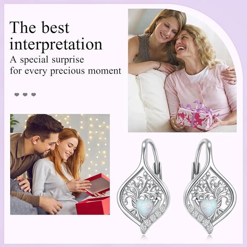 Tree of Life Opal Earrings Sterling Silver Leverback Earrings for Women 925 Silver Heart Shaped Opal Dangle Drop Hoop Earrings Jewelry Gift in Kuwait