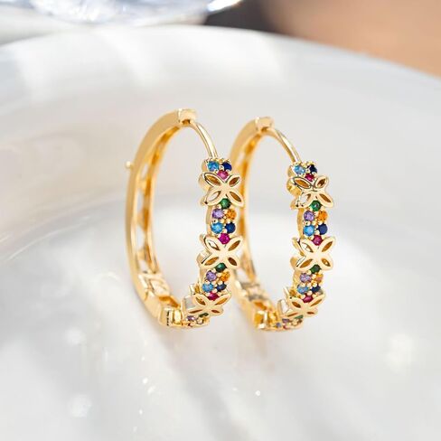 Colorful Small Flower Cubic Zirconia Minimalist Hoop Earrings, Gold-Tone Floral Huggie Earrings for Women, Trendy Daily & Party Jewelry in Kuwait