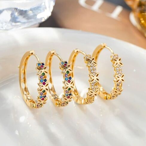 Colorful Small Flower Cubic Zirconia Minimalist Hoop Earrings, Gold-Tone Floral Huggie Earrings for Women, Trendy Daily & Party Jewelry in Kuwait