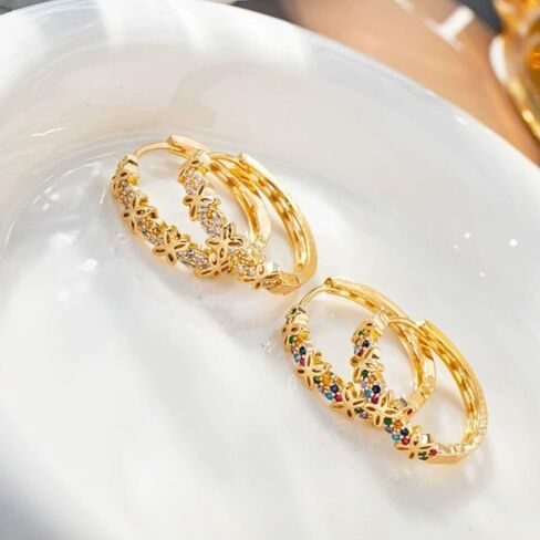 Colorful Small Flower Cubic Zirconia Minimalist Hoop Earrings, Gold-Tone Floral Huggie Earrings for Women, Trendy Daily & Party Jewelry in Kuwait