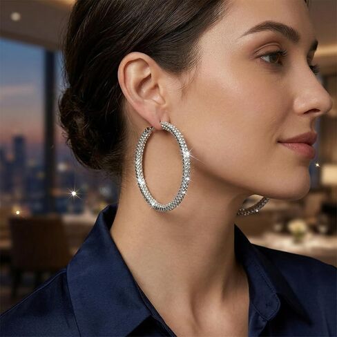 Lightweight Rhinestone Hoop Earrings For Women, Dainty Large Silver Rings, Hypoallergenic Sparkly Bling Jewelry, Prom Party Accessories, Wedding Dress Gift in Saudi Arabia