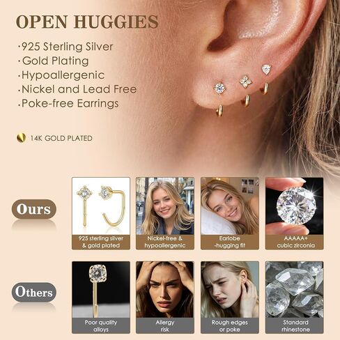 Kainier Huggie Half Hoop Earrings for Women, 925 Sterling Silver 14K Gold Plated, Hypoallergenic Poke-Free Sleep-Friendly Stackable Earrings for Daily Wear & Multiple Piercings in Saudi Arabia