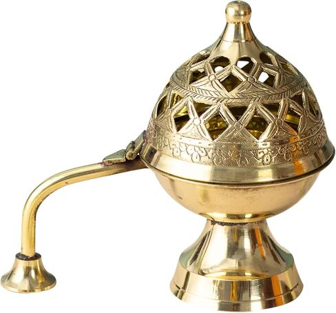 النحاس Dhoop داني مع مقبض لبوجا | مبخرة نحاسية تقليدية مع غطاء مقبب | حامل Dhoop المزخرف للمعبد والمنزل والاستخدام الروحي | (4x4) in Kuwait