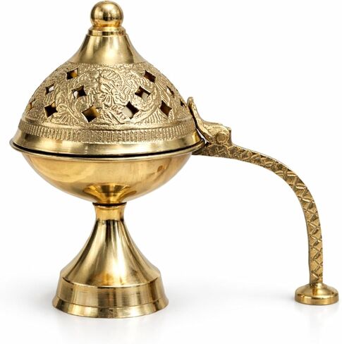 النحاس Dhoop داني مع مقبض لبوجا | مبخرة نحاسية تقليدية مع غطاء مقبب | حامل Dhoop المزخرف للمعبد والمنزل والاستخدام الروحي | (4x4) in Kuwait