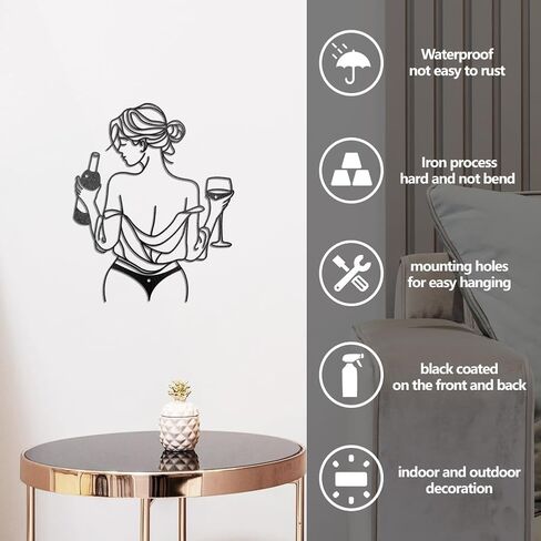 WADORN أنثى الجسم ديكور الجدار المعدني، أسود مجردة الحديثة تصميم الخط الجدار المنحوتات الديكور الإناث مع النبيذ الزجاج الحد الأدنى خط جدار الفن ديكور لغرفة المعيشة غرفة نوم الحمام in Kuwait