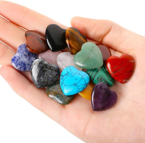 15PCS Heart Shape Crystals Healing Stone Set Bulk Natural Love Heart Amethyst Rose Quartz Carnelian Tiger Eye Obsidian Labradorite Palm Reiki Meditation Crystal Gifts for Women 0.8" in Saudi Arabia