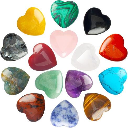 15PCS Heart Shape Crystals Healing Stone Set Bulk Natural Love Heart Amethyst Rose Quartz Carnelian Tiger Eye Obsidian Labradorite Palm Reiki Meditation Crystal Gifts for Women 0.8" in Saudi Arabia