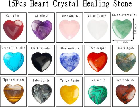 15PCS Heart Shape Crystals Healing Stone Set Bulk Natural Love Heart Amethyst Rose Quartz Carnelian Tiger Eye Obsidian Labradorite Palm Reiki Meditation Crystal Gifts for Women 0.8" in Saudi Arabia
