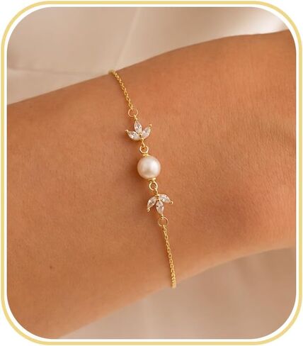 Pearl Bracelet - 14k Gold/White Gold Plated Dainty Cubic Zirconia CZ Accented Pearl Bracelets for Women Bridal Wedding in Saudi Arabia