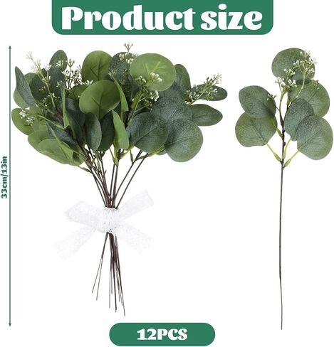 12 PCS Artificial Eucalyptus Stems Greenery Branches, 13 Inch Faux Eucalyptus Stems Leaves Picks with White Seeds, Artificial Greenery Stems for Vase Bouquets Wreath Flower Arrangement Decoration in Saudi Arabia