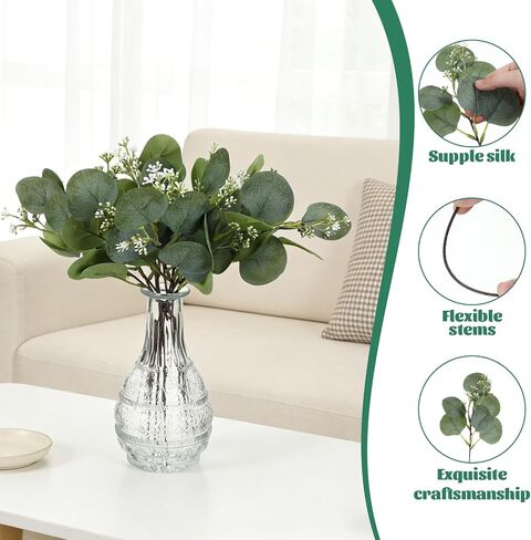 12 PCS Artificial Eucalyptus Stems Greenery Branches, 13 Inch Faux Eucalyptus Stems Leaves Picks with White Seeds, Artificial Greenery Stems for Vase Bouquets Wreath Flower Arrangement Decoration in Saudi Arabia