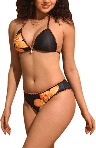 Women's Floral Print Halter Bikini Set,Sexy Scalloped Trim Two Piece Swimsuit Push Up Triangle Bikin in Saudi Arabia