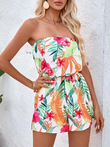Women's Floral Print Strapless Tube Romper Boho Summer Vacation Shorts Jumpsuit in Kuwait