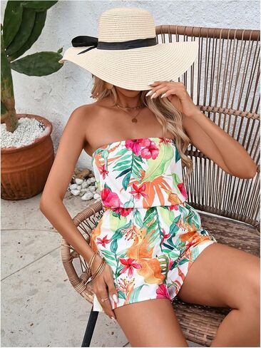 Women's Floral Print Strapless Tube Romper Boho Summer Vacation Shorts Jumpsuit in Kuwait