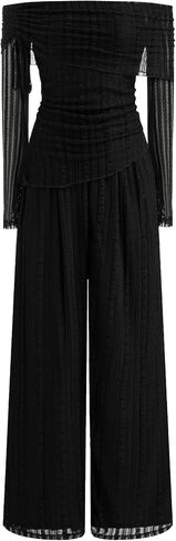 Vinova Off Shoulder Lace Jumpsuit Long Sleeve Wide Leg Pant Set in Saudi Arabia