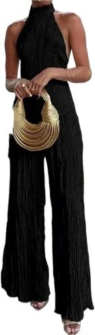 Women's Summer Casual Romper Set Sleeveless Hanging Neck Backless Elastic Waist Casual Pleated Pants Suits in Saudi Arabia