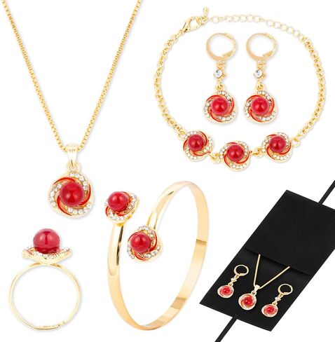 K4lelNiam Red Pearl Jewelry Set for Women - 5Pcs Gold Red Bead Jewelry with Storage Pouch, Elegant Adjustable Bracelet Necklace for Birthday Holiday, Wedding Anniversary & Mother's Day Present in Saudi Arabia
