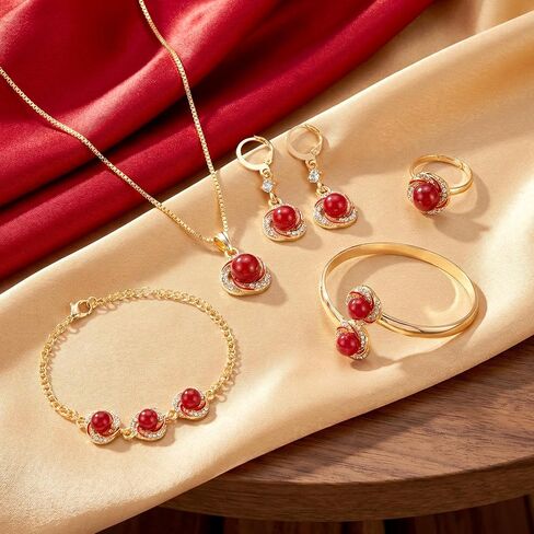 K4lelNiam Red Pearl Jewelry Set for Women - 5Pcs Gold Red Bead Jewelry with Storage Pouch, Elegant Adjustable Bracelet Necklace for Birthday Holiday, Wedding Anniversary & Mother's Day Present in Saudi Arabia
