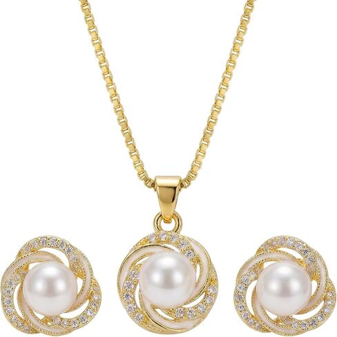 Pearl Necklace and Earring Set Gold Plated Pearl Jewelry Set for Women Swirl Pendant Stud Earrings Wedding Jewelry Sets Bridesmaid Gift Birthstone Pearl Set in Saudi Arabia