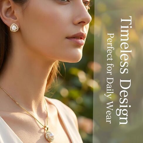 Pearl Necklace and Earring Set Gold Plated Pearl Jewelry Set for Women Swirl Pendant Stud Earrings Wedding Jewelry Sets Bridesmaid Gift Birthstone Pearl Set in Saudi Arabia
