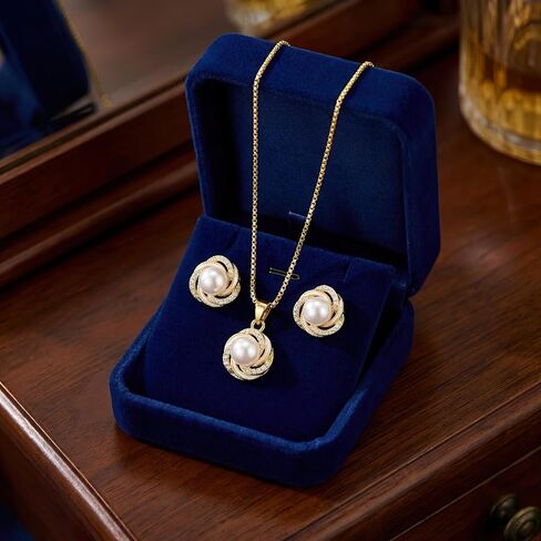 Pearl Necklace and Earring Set Gold Plated Pearl Jewelry Set for Women Swirl Pendant Stud Earrings Wedding Jewelry Sets Bridesmaid Gift Birthstone Pearl Set in Saudi Arabia