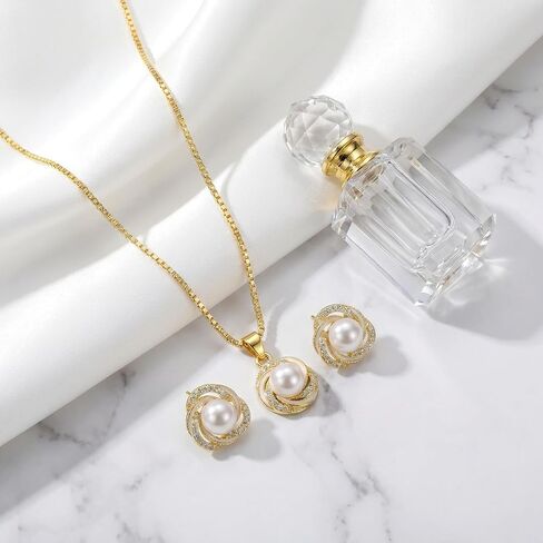 Pearl Necklace and Earring Set Gold Plated Pearl Jewelry Set for Women Swirl Pendant Stud Earrings Wedding Jewelry Sets Bridesmaid Gift Birthstone Pearl Set in Saudi Arabia
