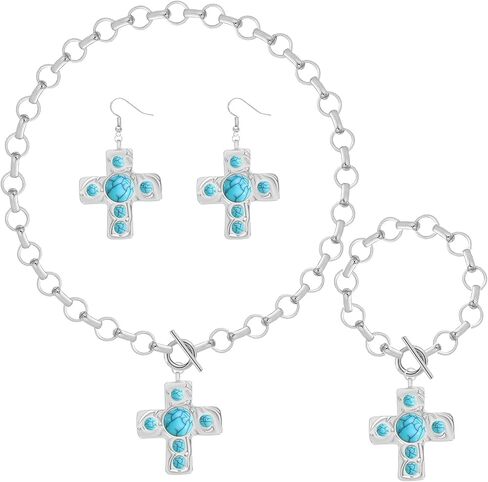 NEWITIN 4 Pieces Gold Bohemian Jewelry Set for Women Fashion Costume Jewels Turquoise Cross Necklace Bracelet Earrings Western Turquoise Jewelry Set for Women in Saudi Arabia