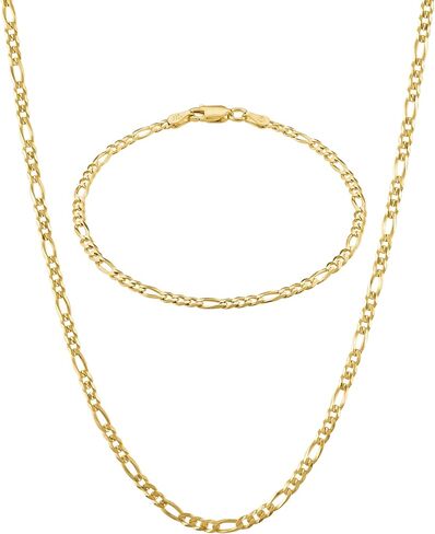 KISPER Italian 3mm Solid Gold Figaro Link Jewelry Set - Necklace & Bracelet - 18K Gold Plated 925 Sterling Silver - Unisex Design with Lobster Clasp - Made in Italy in Kuwait