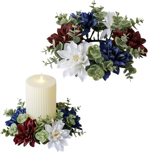4th of July Patriotic Candle Ring Wreath Artificial Red White Blue Floral Candle Ring Flowers Mini Holder for Independence Day Memorial Day Home Table Centerpieces Pillar Candle Farmhouse Decor in Saudi Arabia