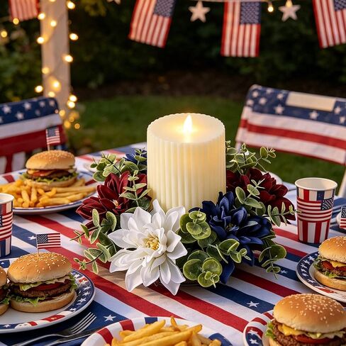 4th of July Patriotic Candle Ring Wreath Artificial Red White Blue Floral Candle Ring Flowers Mini Holder for Independence Day Memorial Day Home Table Centerpieces Pillar Candle Farmhouse Decor in Saudi Arabia