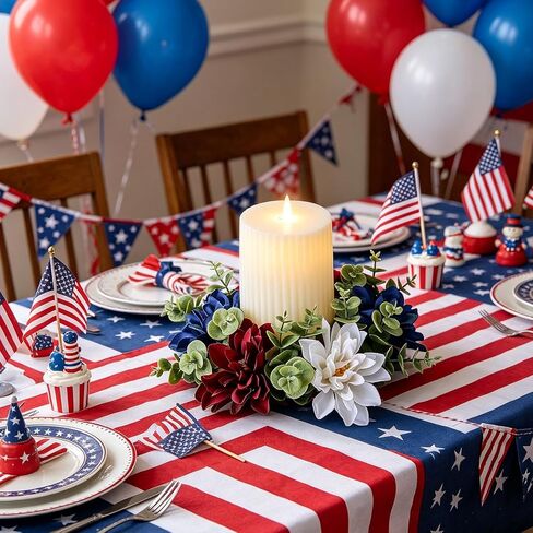 4th of July Patriotic Candle Ring Wreath Artificial Red White Blue Floral Candle Ring Flowers Mini Holder for Independence Day Memorial Day Home Table Centerpieces Pillar Candle Farmhouse Decor in Saudi Arabia