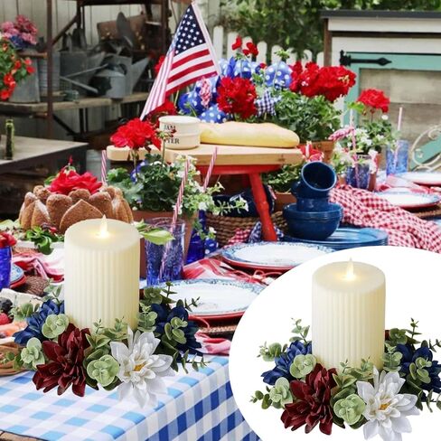 4th of July Patriotic Candle Ring Wreath Artificial Red White Blue Floral Candle Ring Flowers Mini Holder for Independence Day Memorial Day Home Table Centerpieces Pillar Candle Farmhouse Decor in Saudi Arabia