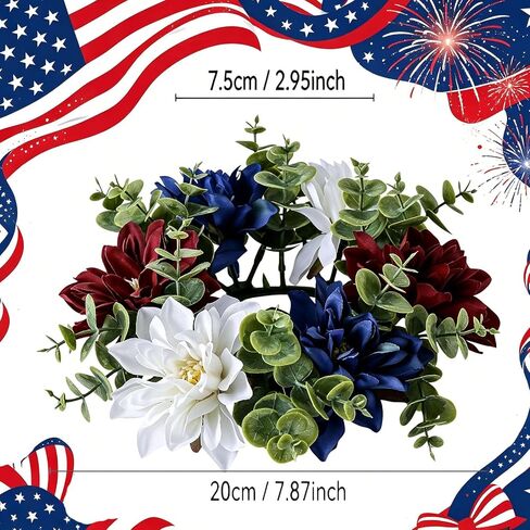 4th of July Patriotic Candle Ring Wreath Artificial Red White Blue Floral Candle Ring Flowers Mini Holder for Independence Day Memorial Day Home Table Centerpieces Pillar Candle Farmhouse Decor in Saudi Arabia