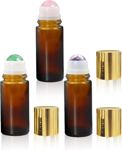 Rose Quartz & Amethyst & Green Aventurine Roller Bottles for Essential Oils, 50ml Refillable Amber Glass Roll On Bottles with Natural Crystal Roller, Leak-Proof Travel Perfume Bottle with Gold Caps in Saudi Arabia