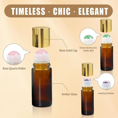 Rose Quartz & Amethyst & Green Aventurine Roller Bottles for Essential Oils, 50ml Refillable Amber Glass Roll On Bottles with Natural Crystal Roller, Leak-Proof Travel Perfume Bottle with Gold Caps in Saudi Arabia