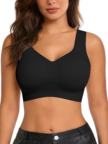 SHEKINI Bras for Women Wireless V-Neck Bralette Full Coverage Seamless Plus Size Bra Soft Support T-Shirt Bra in Kuwait