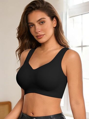SHEKINI Bras for Women Wireless V-Neck Bralette Full Coverage Seamless Plus Size Bra Soft Support T-Shirt Bra in Kuwait