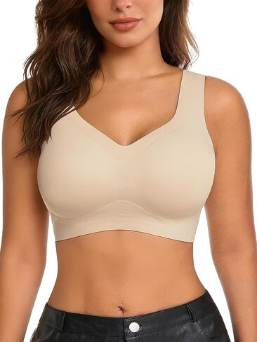 SHEKINI Bras for Women Wireless V-Neck Bralette Full Coverage Seamless Plus Size Bra Soft Support T-Shirt Bra in Kuwait