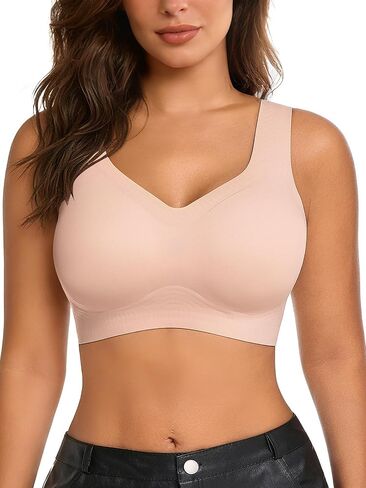SHEKINI Bras for Women Wireless V-Neck Bralette Full Coverage Seamless Plus Size Bra Soft Support T-Shirt Bra in Kuwait