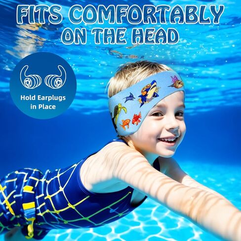 Swimming Headband for Kids - 2 Pairs Waterproof Ear Plugs & Adjustable Swim Ear Band,Keep Water Out and Hold Earplugs in - Water Headband for Surfing, Diving, Pool, Showering, and Beach in Saudi Arabia