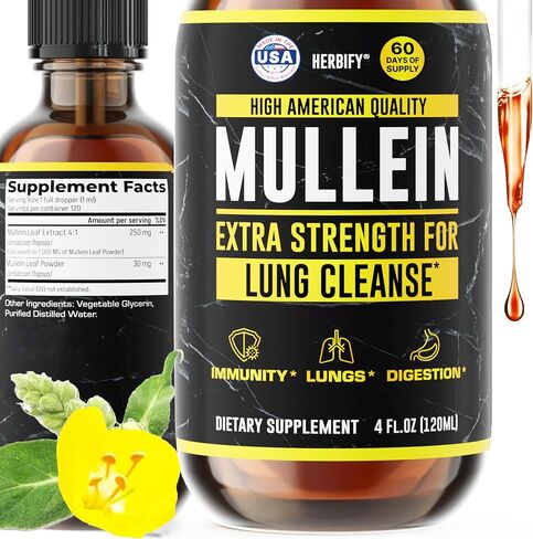 HERBIFY Mullein Drops - Lung Cleanse - Leaf Extract - Powerful Mullein for Immune Support,Detox & Respiratory Support - Made in USA - Lung Cleanse for Smokers - 4 Oz in Kuwait